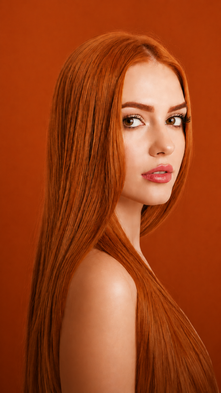 Long, sleek copper-red hair catching the light